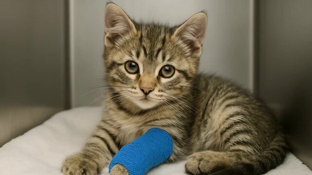 A cute tabby kitten rests with a blue bandage on its paw. The small cat looks directly at the camera in a cage.