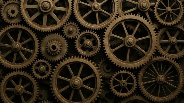 Intricate bronze gears interlock, forming a complex mechanical background. This detailed industrial design evokes precision and vintage engineering.