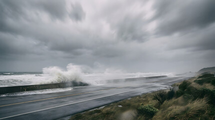 Obraz premium Empty coastal road with severe wind and spray