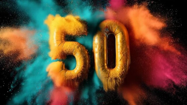 Celebrating a milestone with vibrant colored powder and golden number balloons for a 50th anniversary
