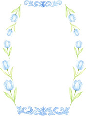 Vertical Floral Watercolor Frame with Blue Flowers