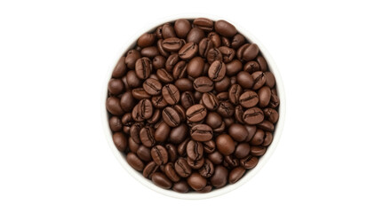 Obraz premium Roasted coffee beans in a bowl isolated PNG, aromatic brown seeds for coffee drink preparation on transparent background