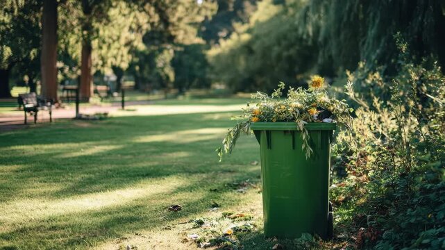 Green trash can overflowing with plants and flowers in a sunny park during the afternoon