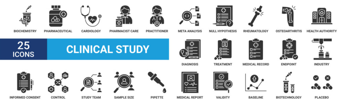 Clinical study icon set. Containing biochemistry, pharmaceutical, cardiology, pharmacist care, practitioner and more. Glyph vector icons collection.