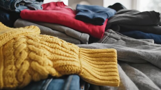 Pile of folded clothes on wooden floor
