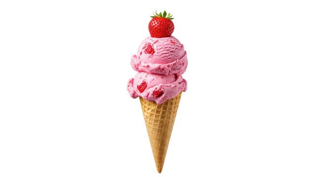 Strawberry ice cream cone PNG isolated on transparent background, sweet dessert with fruit topping for summer treat and party