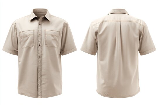 Men's short sleeve button up collared shirt, front and back view