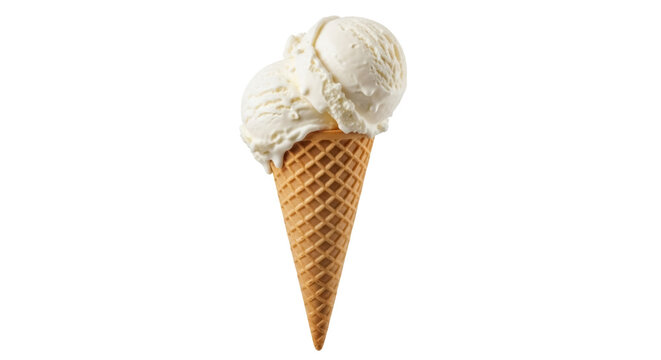 Vanilla ice cream cone isolated PNG, sweet dessert with two scoops on transparent background for summer treat and food design