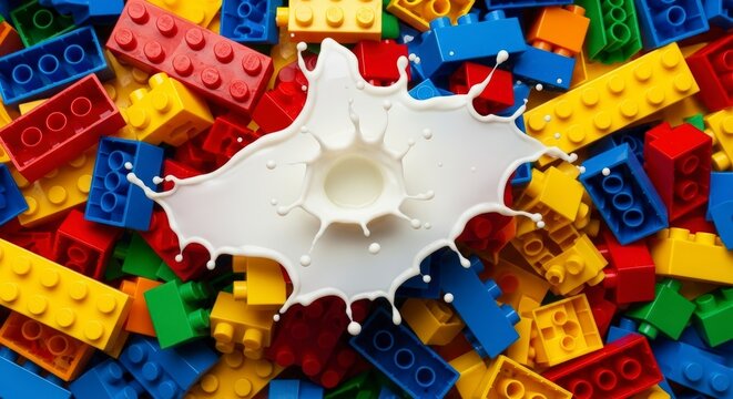 Milk splash on colorful Lego bricks.
