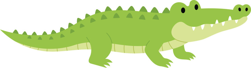 cute green crocodile cartoon illustration, funny wildlife alligator character