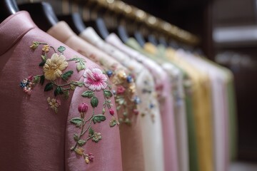 Obraz premium Lined up embroidered silk jackets in soft pastel colors on hangers