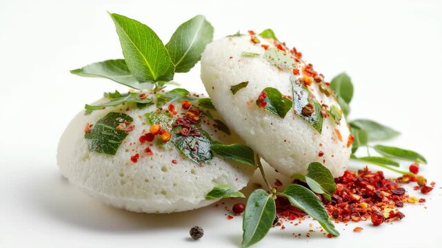 Delicious idlis served with spices and fresh herbs on a white background