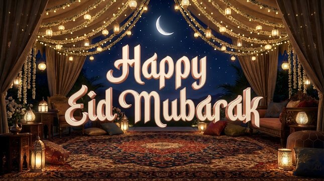 Festive Tent Stage with Happy Eid Mubarak Night Greeting
