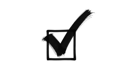 Hand-drawn check mark in square isolated PNG on transparent background, black ink brush stroke for approval and voting © Maria