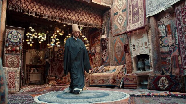 Whirling dervishes performing traditional Sufi dervish dance, spiritual ritual in Turkey