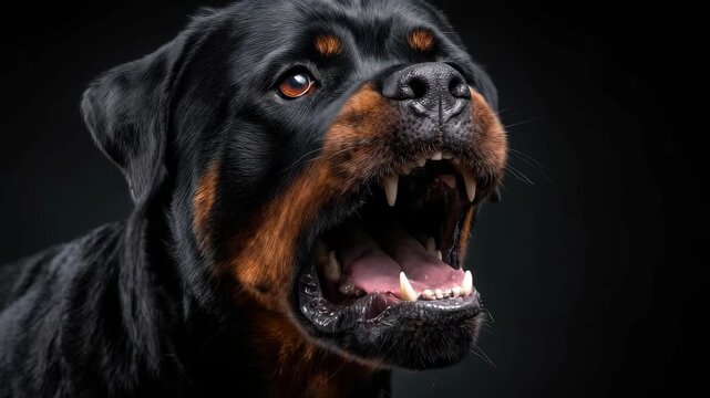 Rottweiler dog with an open mouth displaying fierce expression in a dramatic setting at night