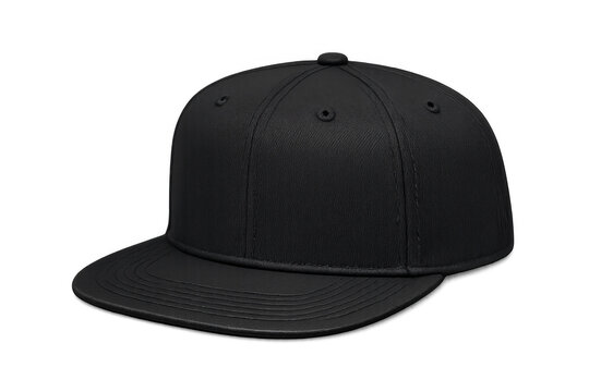 Black snapback cap with flat brim on transparent background, customizable headwear for urban fashion branding