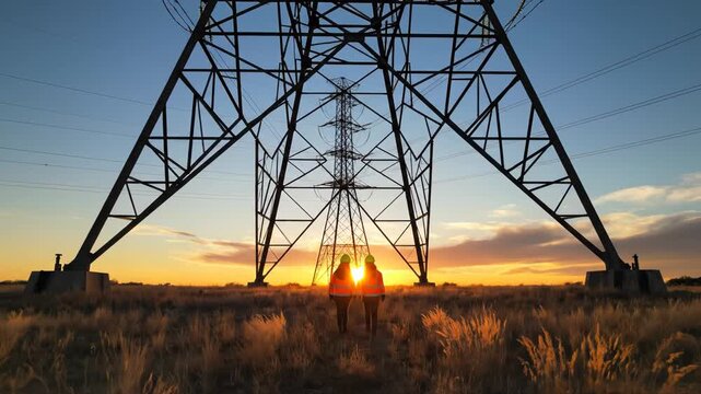 Two workers near electricity pylon at sunset