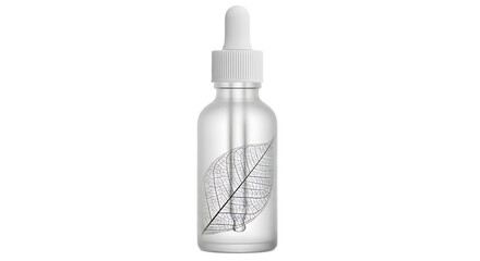 Frosted glass dropper bottle with suspended botanical leaf