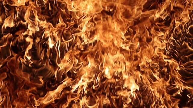 Raging wall of fire burning on black background