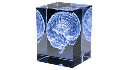 Solid block of glass with laser etched 3D brain inside