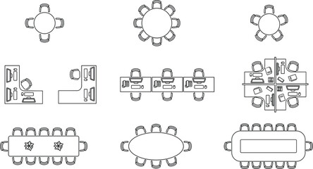 Office furniture top view layout set with desks tables chairs meeting workstations conference seating vector outline illustration workspace planning blueprint interior design © Creative Vector