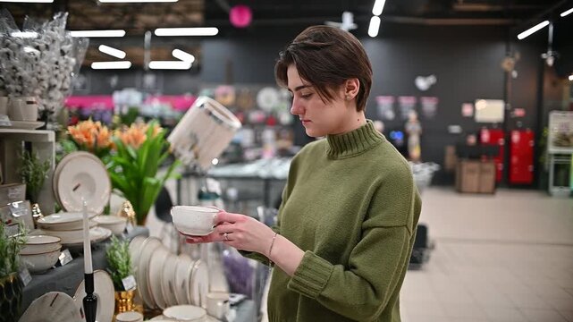 A woman examines a white bowl while shopping in a store filled with kitchen items and flower arrangements. She looks focused and engaged in her choice