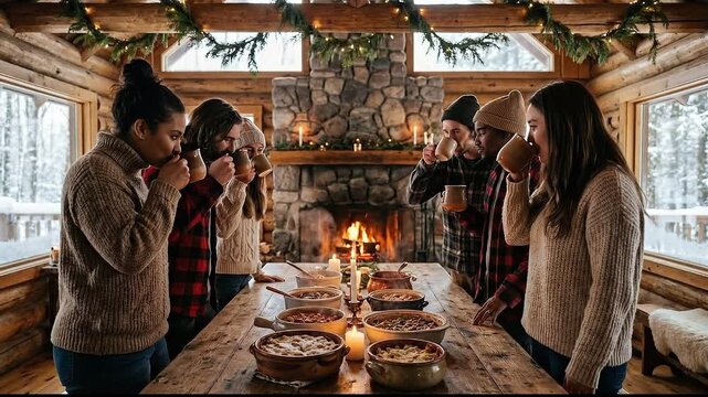 Friends Toasting at Dinner Table in Winter Cabin
