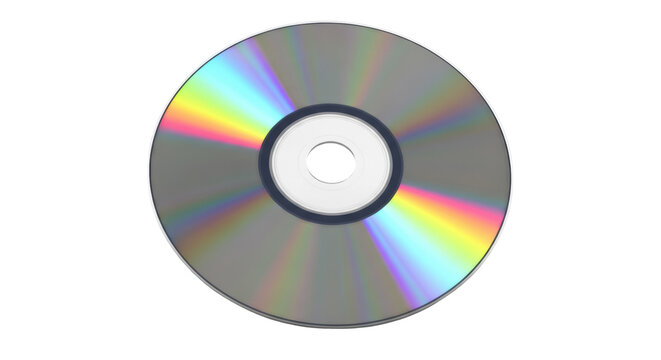 Shiny compact disc PNG isolated on transparent background, optical storage media for data recording and music, iridescent surface