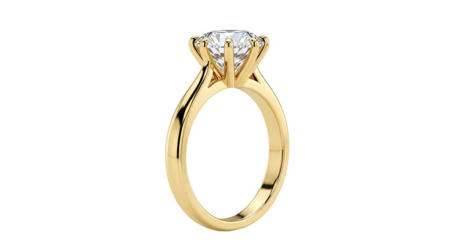 Elegant gold solitaire engagement ring with diamond isolated PNG, classic jewelry design for wedding proposal and special occasions