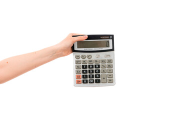 hand holding calculator on a white background