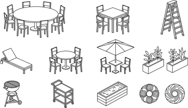 Outdoor patio furniture line art set featuring tables chairs grill umbrella planters ladder garden accessories black white illustration collection minimalist outline icons