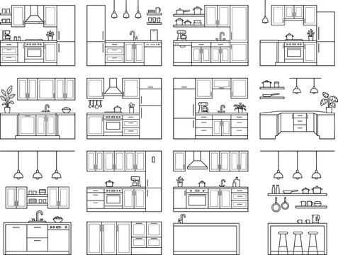 Modern kitchen line art icon set featuring cabinets appliances sinks shelves lighting cookware minimalist black white outline illustration collection interior design elements