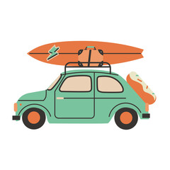 Travel car with surfboard icon for beach vacation and adventure.
