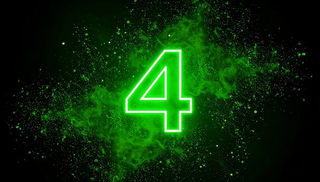 A luminous green number four with a white outline amidst a smoky, abstract explosion against a dark backdrop
