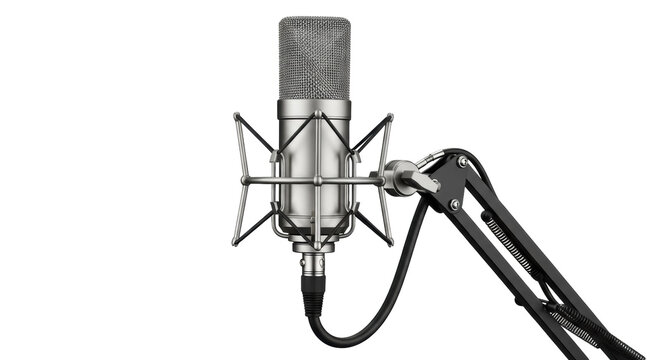 Studio condenser microphone PNG isolated on transparent background, professional audio recording equipment for podcasting and broadcasting