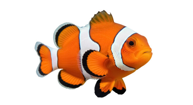Orange clownfish PNG isolated on transparent background, vibrant tropical reef fish with distinctive white stripes for marine life designs
