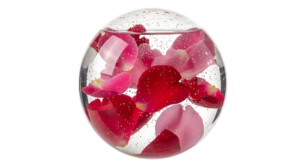 Floating sphere of rose water with suspended petals