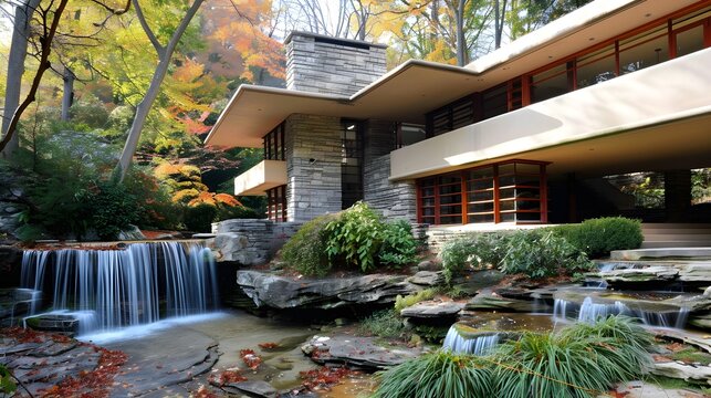 Fallingwater iconic modern house with waterfall and autumn forest for architecture design promotion.