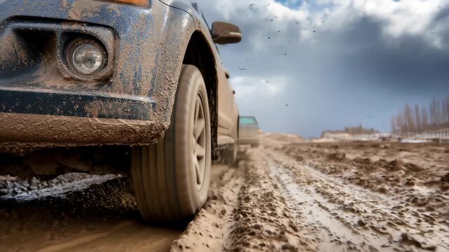 Off-road vehicle splashes through mud on a rugged path during a cloudy day in a rural area