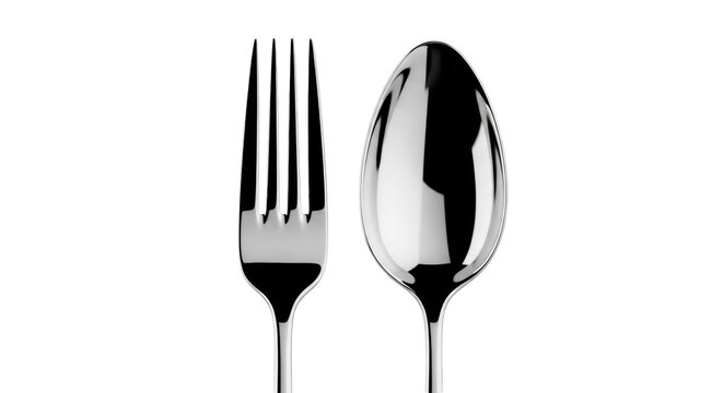 Shiny silver fork and spoon isolated PNG, elegant cutlery set for dining and kitchenware design on transparent background