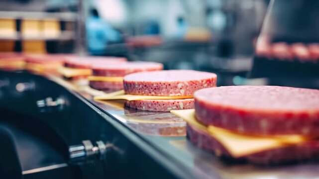 Production process of beef patties with cheese on a conveyor belt in a factory setting during daylight hours