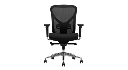 Ergonomic black mesh office chair isolated PNG, comfortable adjustable seating for work from home and corporate environments © Maria