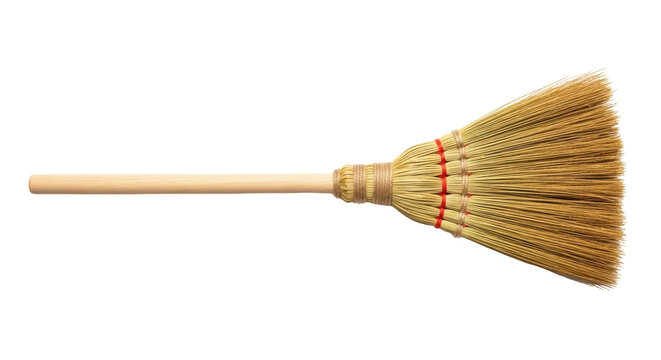 Traditional corn broom isolated PNG on transparent background, natural cleaning tool for sweeping floors and outdoor use, rustic and eco-friendly