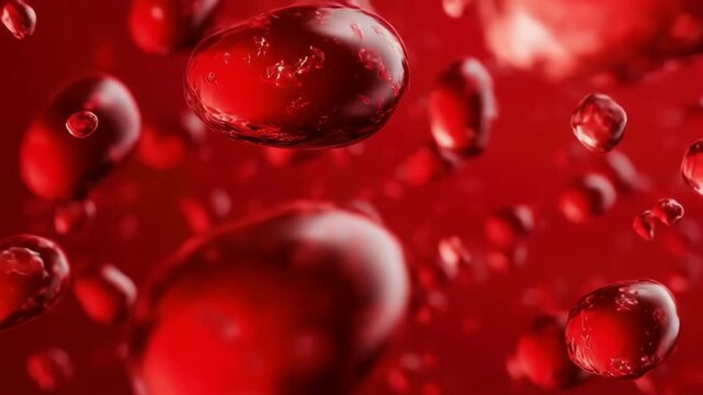 Vibrant red bubbles float in a sea of crimson liquid, capturing light in a stunning visual display
