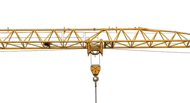 Yellow crane boom isolated PNG on transparent background, construction equipment for lifting heavy materials in building industry