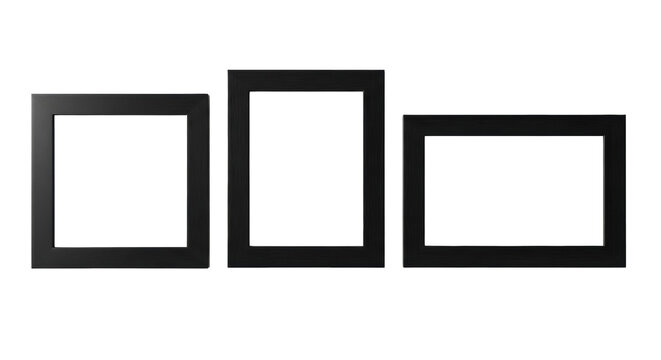 Three black wooden picture frames PNG isolated on transparent background, modern home decor for displaying photos and art prints