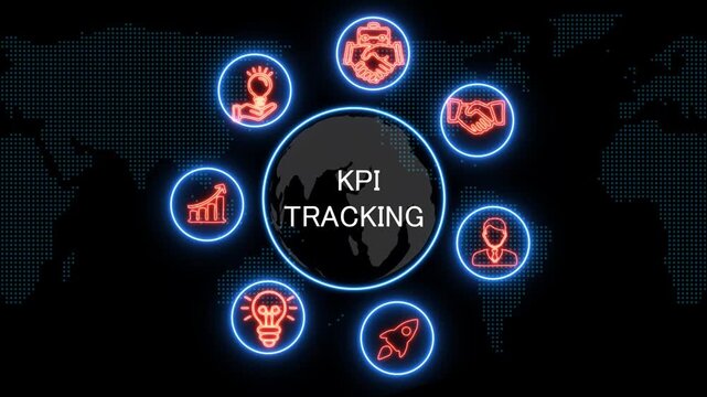 shows glowing neon line banner of api tracking concept with icons of business, responsibility, customers, integrity, goals, teamwork, commitment and innovation .4k