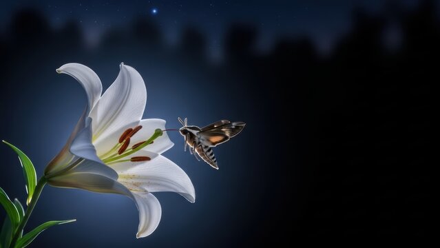 White lily flower in full bloom with intricate petals and visible stamen under a dark night sky with stars in the background illuminated by soft light with a moth hovering nearby