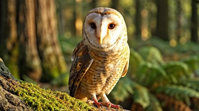 A magnificent owl is prominently featured in a lush, natural woodland environment, perched serenely on a moss-laden branch. Its iconic heart-shaped facial disc, keen dark eyes, and finely patterned pl